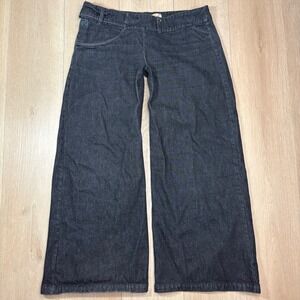 K&R London Y2K Womens Black Denim Wide Leg Jeans Low Rise Flared Belted Large